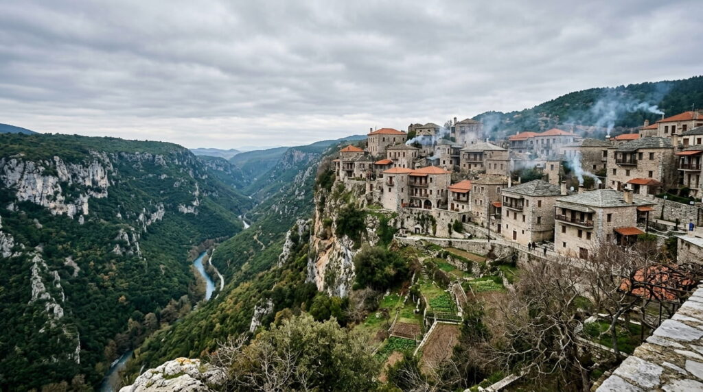winter destinations in greece - Dimitsana & Stemnitsa (Arcadia) - A dramatic wide travel shot of the historic stone village of Dimitsana perched on a steep cliff in Arcadia during a crisp winter afternoon. Ancient stone houses with smoke rising from chimneys blend into the rugged green canyon landscape of Lousios Gorge under soft, overcast mountain light.