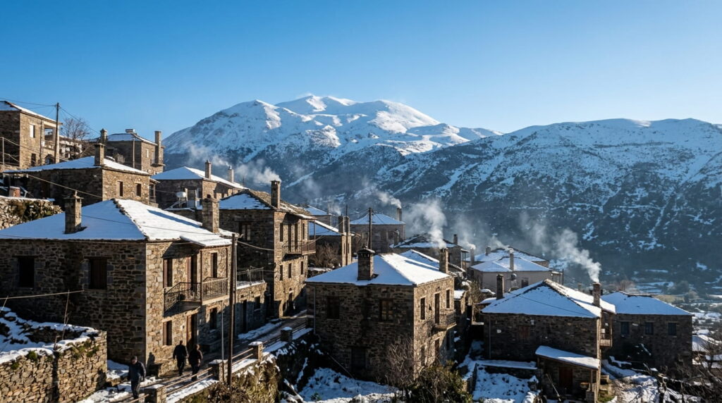 winter destinations in greece - Mountainous Crete - A dramatic travel shot of a traditional stone village in Mountainous Crete (Anogeia) during winter. In the background, the snow-capped peak of Mount Psiloritis rises against a clear blue sky, with soft wood smoke rising from stone chimneys.