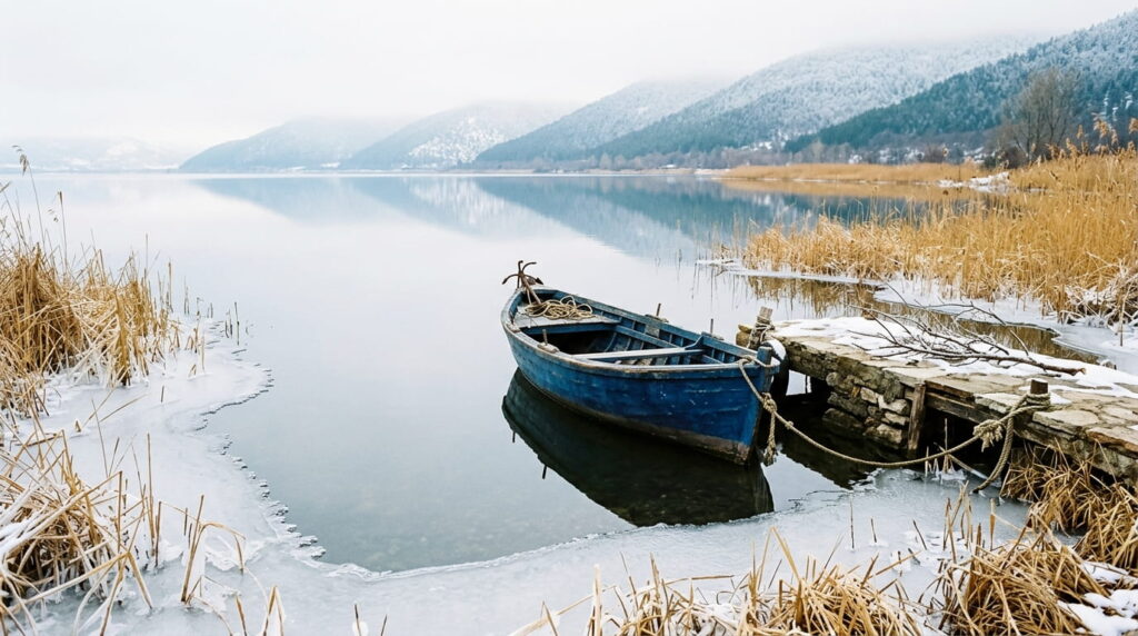 Nymfaio & Prespa Lakes - A serene, quiet winter view of the Prespa Lakes in Western Macedonia. Thin ice frames calm water and dry reeds under a soft, misty winter sky, with a wooden boat tied to a small stone dock.