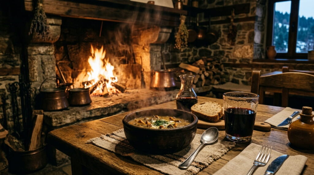 winter destinations in greece - Grevena & Wild Forest - A cozy, rustic table setting inside a mountain taverna in Grevena, Western Macedonia. A hot steaming clay bowl of wild mushroom soup sits next to a glass of dark red wine, bathed in warm firelight from an open stone hearth.
