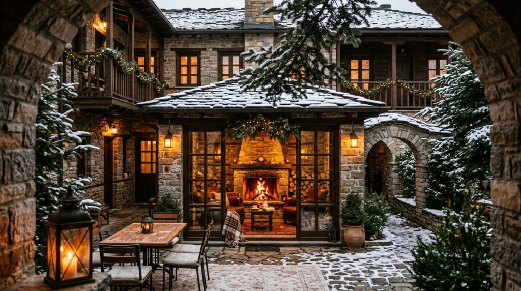 winter destinations in greece - A cozy and inviting winter shot of a boutique guesthouse courtyard in Palaios Agios Athanasios, Pella. Traditional Macedonian stone and wood architecture with dark slate roofs, surrounded by pine trees lightly dusted with fresh snow. Warm orange light glows through a large glass window showing a crackling fireplace inside.