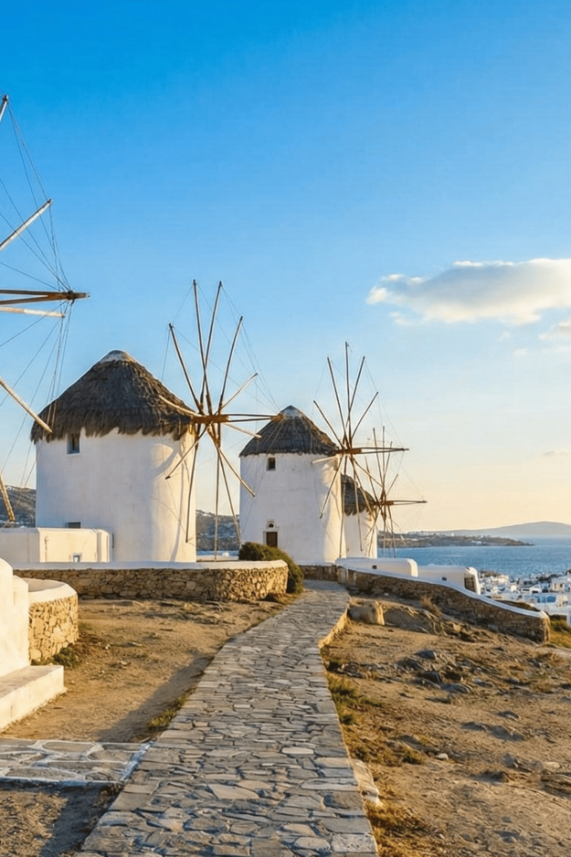Iconic white windmills of greek islands under the Greek sun